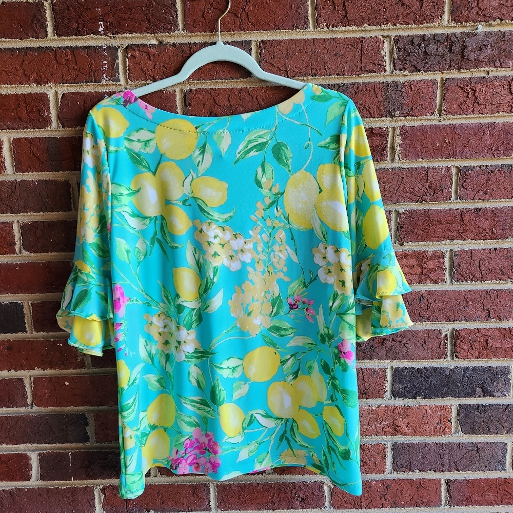 Pappagallo Women's Lemon Ruffle Top Blouse Size M Stretch - Picture 2 of 9